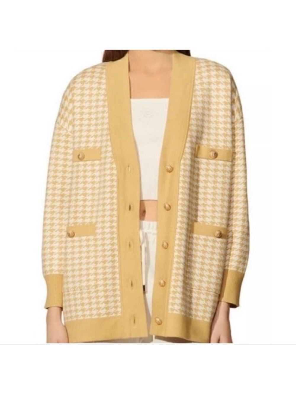 joie Gold White Gingham Boyfriend Cardigan Gold Button Down Pockets
